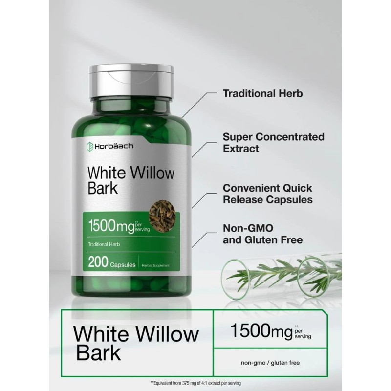 Horbäach White Willow Bark Capsules | 1500mg | 200 Count