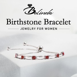 Belinda Jewelz - Birthstone Bolo Bracelet, Birthstone Bracelet with 6 Square-Cut Stones, 925 Sterling Silver Garnet Jewelry for Women, Stackable Garnet Birthstone Bracelets with Bolo Closure, 11”