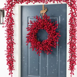 Glitzhome 3 Pack 25" D Christmas Red Berry Wreath, Artificial Wreath and Matching 2 PCS 6 Ft Garland Set, Holiday Hanging Decorations for Window, Porch, Wall Party Home Decor