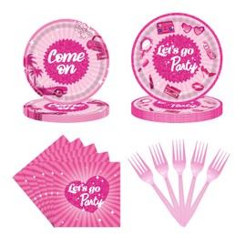 UgyDuky 80Pcs Let's Go Party Supplies, Let's Go Party Disposable Plates Napkins and Forks, Hot Pink Tableware Set for Girls, Pink Birthday Party Supplies for Birthday Disco Party Supplies, Serves 20