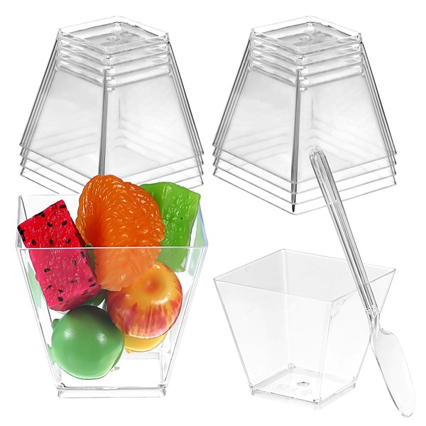 50 Pack 2 oz Square Dessert Cups with Spoons, Clear