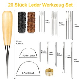 Realure 20 Piece Leather Needle Leather Tool Set Leather Sewing Needles with Large Eye Thimble Wax Thread Leather Sewing Awl Curved Upholstery Needle Leather Tool for Leather Carpet Mattresses