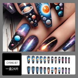 Ballerina Press on Nails Starry Sky False Nails Extra Long Square Acrylic Nails Glossy Artificial Glue on Nails for Women Girls