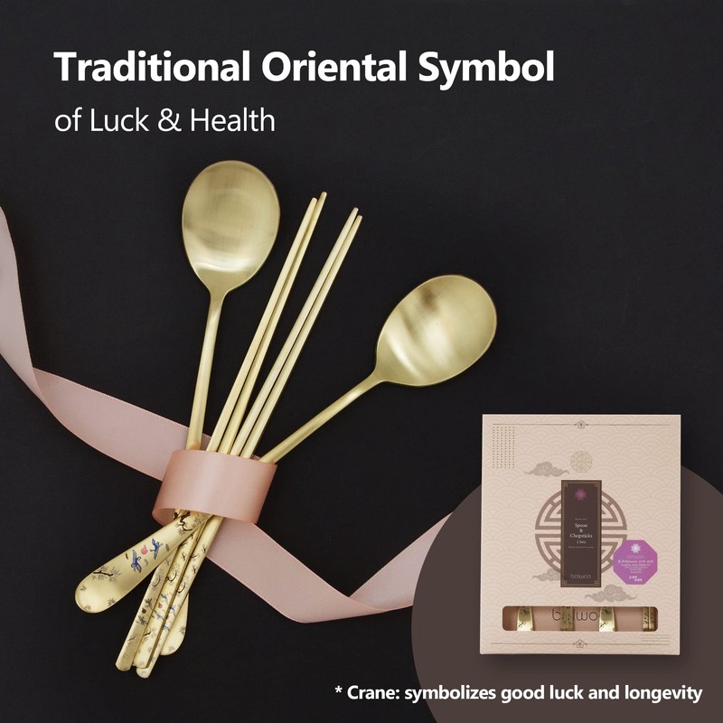 Balwoo Pine Crane Design Korean Style Spoon Chopsticks Set Rice