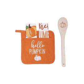 C&F Home Hello Pumpkin Pocket Potholder Wooden Spoon Printed Kitchen Towel Gift Set Fall Autumn Harvest Home Kitchen Cozy Decor Decoration Orange