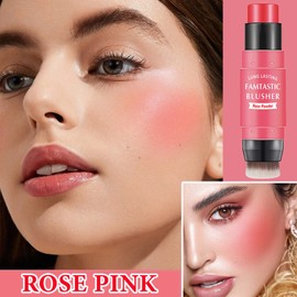 Cream Blush Stick with Brush,Double Head Blush Stick Makeup for Cheeks,Long-lasting Waterproof Multi-use Cheek and Lip Tint & Eye Shadow Makeup Stick for All Skin Tone(#02 Rose Pink)