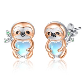 Dreamboat Sloth Stud Earrings for Women 925 Sterling Silver Rose Gold Plated Moonstone Sloth Animal Jewelry Gifts