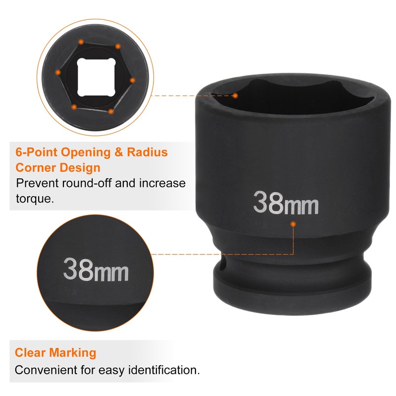 sourcing map 6-Point Impact Socket 3/4" Drive 38mm Metric 40Cr