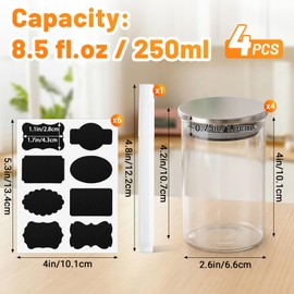 Kimqi 8.5oz Glass Jars Set of 4, 250ml Small Round Glass Storage Jars with Stainless Steel Lids, Clear Kitchen Canisters Pantry Containers for Spice, Sugar, Salt, Coffee Bean, Loose Tea