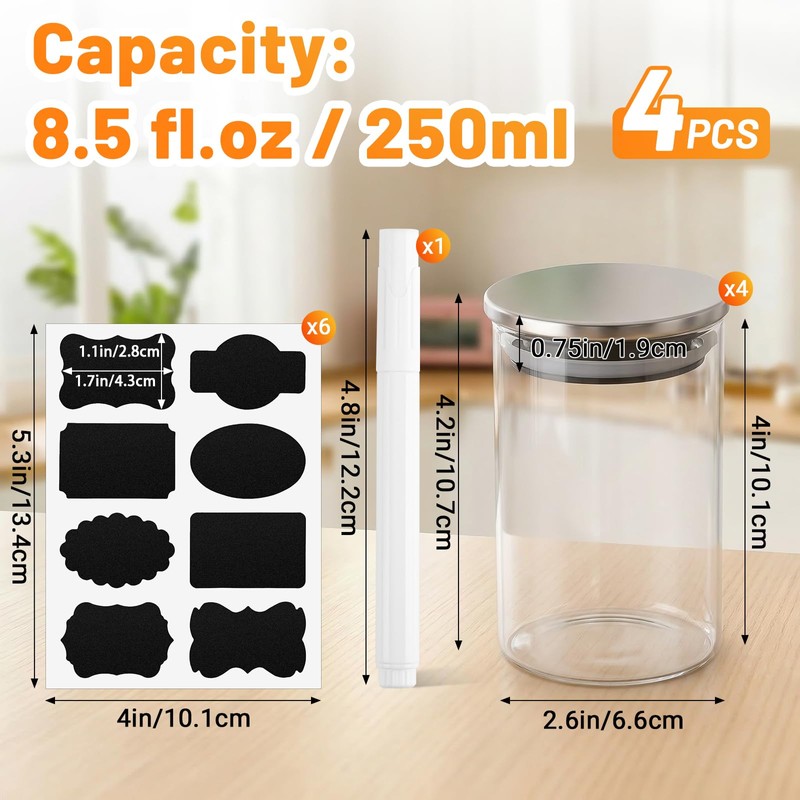 Kimqi 8.5oz Glass Jars Set of 4, 250ml Small Round