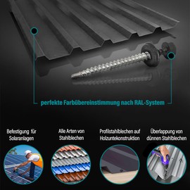 Vooxa Pack of 50 Self-Drilling Trapezoidal Tapping Screws 4.8 x 60 mm with EPDM Sealing Washer, Galvanised Steel RAL7016, Anthracite Grey, Hexagonal Head SW8