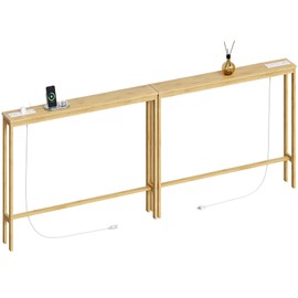 ELYKEN 2 Pack 5.9" Narrow Console Sofa Table with Power Outlets, 5.9" Dx39.4 Wx31.1 H Bamboo Behind Couch Table with Charge Station, Natrual