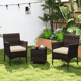 KOTEK 3 Piece Patio Furniture Set, Outdoor Wicker Patio Chairs with Soft Cushions & Tempered Glass Top Table, PE Rattan Bistro Set for Porch, Garden, Balcony (Beige)