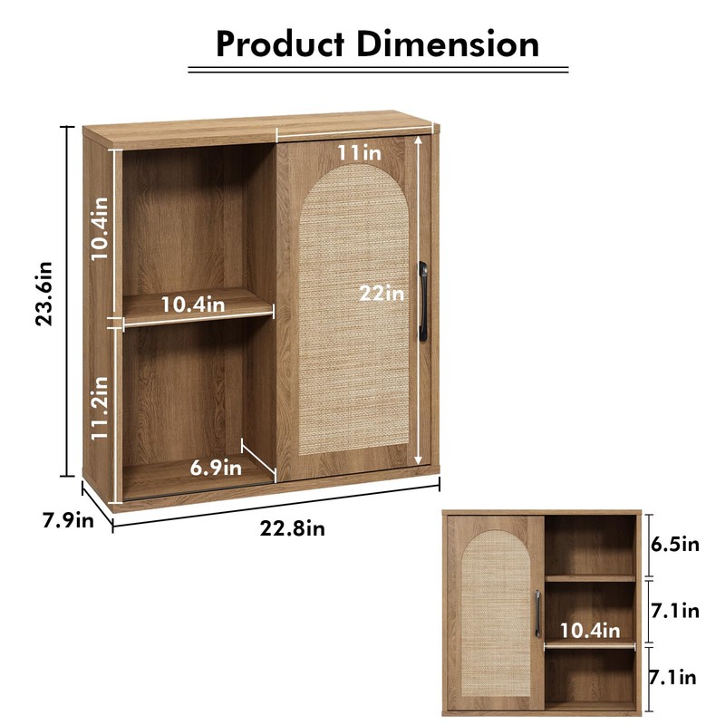 RUSTOWN Boho Rattan Wall Cabinet, Midcentury Bathroom Cabinet with Sliding