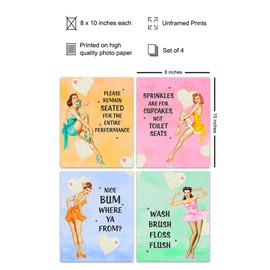 Bathroom Decor For Women - Bathroom Wall Art - Funny Retro Vintage Restroom Decorations for Home, Powder Room or Bath - Cute Unique Housewarming Gift - Pastel Colors, Blue, Pink, Yellow, Green