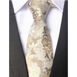 Elfeves Mens Women Boys Champagne Ivory Necktie Small Novelty Floral Extra long Wedding Silk Tie
