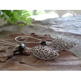 Filigree decorated leaf and mother of pearl earrings, long earrings on long kidney hooks in green