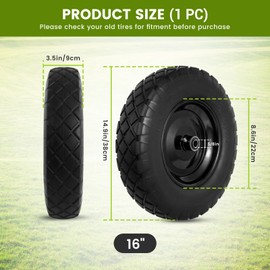 16" Flat Free Wheelbarrow Wheels, 4.80/4.00-8" Tire and Wheel with 5/8"&3/4" Bearings, 16 inch Universal Fit Wheelbarrow Tires for Wheelbarrows/Garden Trailer -1 Pack