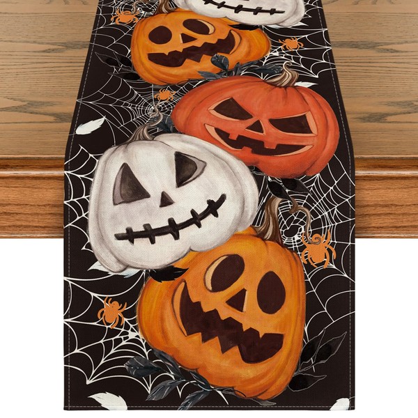 Artoid Mode Black Jack-O-Lantern Pumpkins Spider Web Halloween Table Runner,