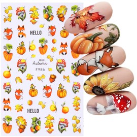 3D Maple Leaf Nail Art Stickers Fall Embossed Nail Sticker Decal Yellow Leaf Flower Squirrel Nail Art Design Autumn Thanksgiving Nail Decoration for Women Girls 4 Sheets