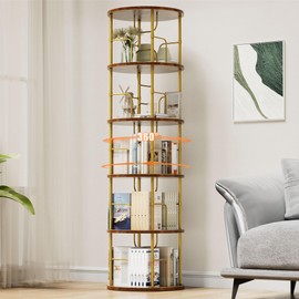 Flycity 5 Tier Rotating Bookshelf, 360° Corner Bookshelf Tower, Round Revolving Bookcase with Special Visible Partition Storage, Narrow Book Shelf Organizer for Living Room, Small Space, Gold
