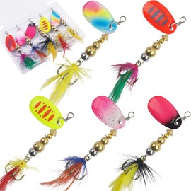 AGOOL Fishing Lures Spinner Baits with Rooster Feather Treble Hooks Inline Spinnerbaits Spoon Bass Salmon Trout Lures Hard Metal Kit with Tackle Box