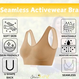 ShopMCR 1 or 3 Pack Stretch Comfort Bra – Seamless, Sports Bras Women Wireless Crop Top Vest for Yoga, Running & Leisure Wear (3XL, 1, Nude)