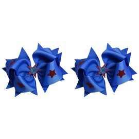 4th of July Little Miss Firecracker Sparkling Stars Hair Bow Set for Girls - (2) 4.5 inch Grosgrain Bows (Royal Blue)