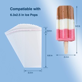 Popsicle Bags Sealable, Ice Cream Bags For Ice Pops, Self-adhesive Clear Popsicle Wrappers, 6.3in x 3.2in (50)