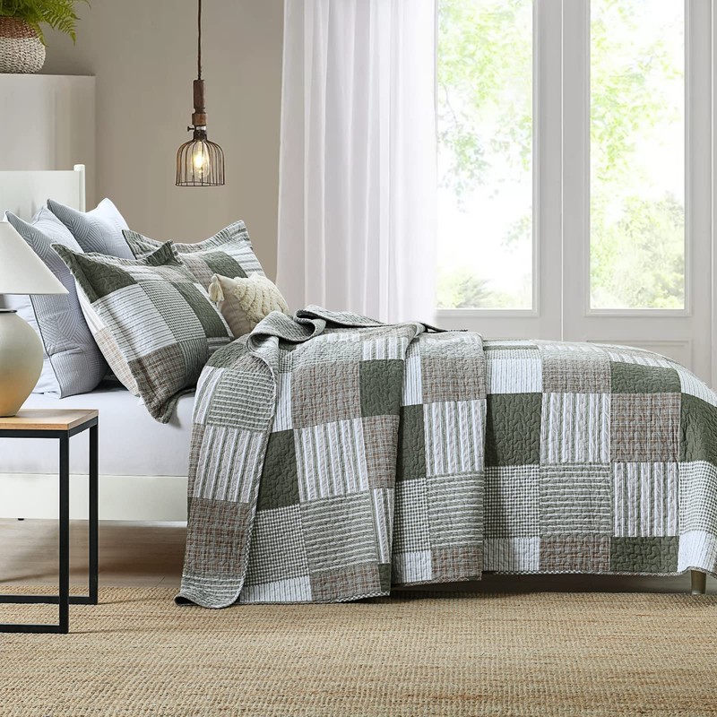 PANGUSHAN 100% Cotton Quilt Set King Size, Patchwork Plaid King