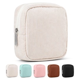 Small Makeup Bag for Purse – Mini Travel Cosmetic Pouch with Metal Zipper, Compact Corduroy Mini Makeup Bag for Cosmetics, Jewelry, Cables – Cute and Vintage Design, Beige