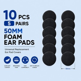 10 Pack (5 Pairs) Ultra Soft Foam Ear Cushions - Universal Replacement Earpad Covers for Office Telephone Headsets, PC Headphones & Call Center Earphones - Breathable Sponge, Black (50mm)