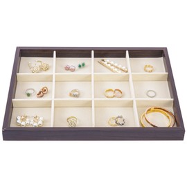 Wooden Jewelry Organizer Tray, Large Drawer Insert for jewelry accessories, Stackable Velvet Jewelry Storage in Dresser for Earring Necklace Bracelet Rings(Beige,12grid)