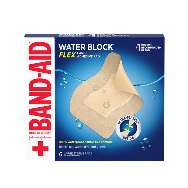 Band-Aid Brand Water Block Flex 100% Waterproof Adhesive Bandage Pads, Large, 6 ct (Pack of 2)