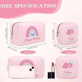 40th Birthday Gifts for Women - 40th Birthday Gift Rainbow Pink Cosmetic Bags 2pcs, Personalis 40 Year Old Lady Present IdeasI for Mum, Best Friend, Sister, Wife Makeup Bag
