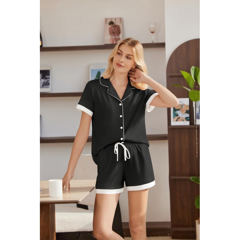 Ekouaer Womens Button Down Pajamas Set Color Block Short Sleeve