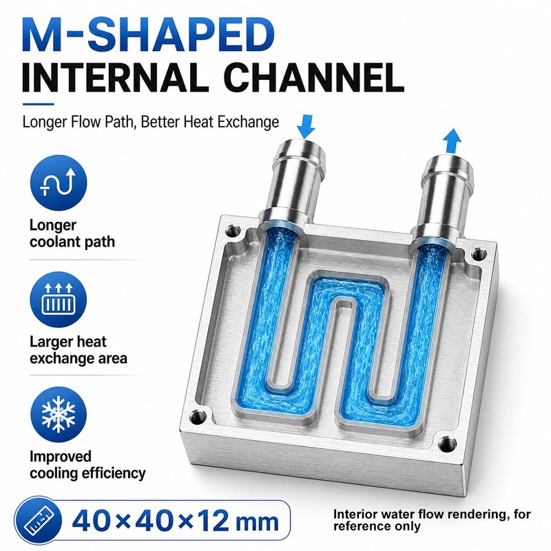 CLYXGS Aluminum Water Cooling Block 40mm×40mm×12mm M-Type Channel Liquid Cooler