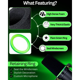 RhymKawa SM7b Foam Cover for Shuer SM7B, MV7 POP Filter RK345 Replacement, Windscreen with Colored Retaining O-Ring Identified Seat (Green)