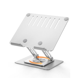 MESWAO Tablet Stand Holder for Desk with 360° Rotating Base, Dual Rod Adjustable & Foldable Aluminum Stand for Home Office Compatible with 11’’-16’’ Tablets, Silver