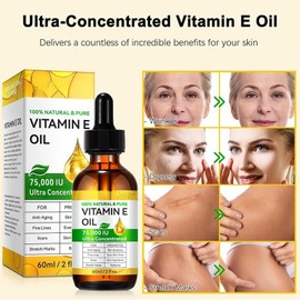 Pure Vitamin E Oil for Skin & Hair – 100% Natural, 75,000 IU, 2 Fl Oz | Deeply Moisturizes, Repairs & Protects | Non-Greasy Cold-Pressed Formula | Nourishes Face, Body, Scars, Cuticles + Hair Health