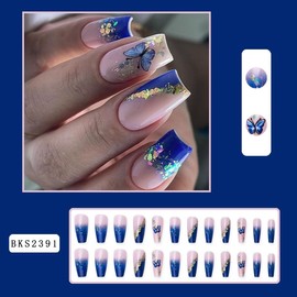 24Pcs Press on Nails Medium Short Coffin Square,French Tip Fake Nails Short with Nude Blue Butterfly Designs Full Cover Glossy Glue on Nails Thick Acrylic False Nails Short Square Cute Stick on Nails for Women Girls BKS2391
