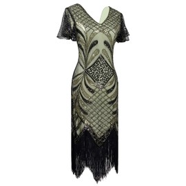 Women's 1920s Gatsby Inspired Sequin Beads Fringe Flapper Cocktail Roarings 20s Dress (8/10, Style Gold)