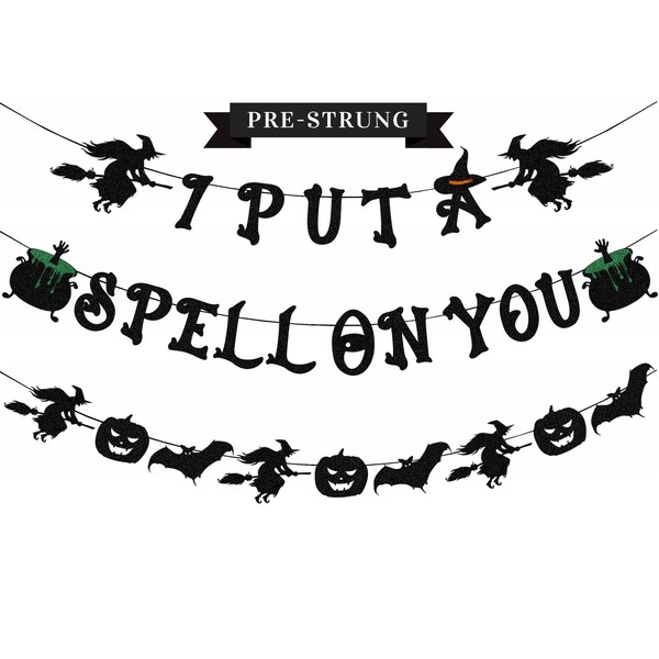 Halloween Decorations - Glittery Black I Put A Spell On You Banner, Halloween Garland with Witch, Witch's Brew, Pumpkin and Halloween Bats for Halloween Party Decorations, Hocus Pocus Decorations