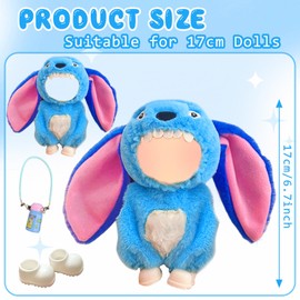 Blue Doll Clothes for 17 cm Dolls, 17 cm Plush Doll Clothes, 17 cm Cartoon Plush Dolls Outfit with Blue Puppy Headwear Onesie Thermos Flask Shoe Dolls Outfit, Doll