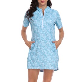 HDE Women's Short Sleeve Beach Coverup Dress with Hood UPF 50 Swim Cover Up Teal Paisley - XXL