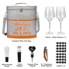 Wedding Gifts for Couples 2024, Mr. and Mrs. Gifts Bridal Shower Gifts for Bride Groom Engagement, Marriage Anniversary Wedding Gift, Insulated Wine Cooler Tote with Glasses and Wine Accessories