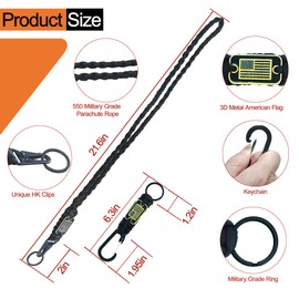 PokShow 2Pcs Heavy Duty Black Paracord Keychain Lanyard Set,included 1Pcs paracord lanyard with USA Flag and 1Pcs Parachute Rope Necklace Keychains, Perfect for Outdoor Activities,Portable travel