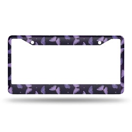 Beabes Purple Butterflies License Plate Frame Starry Sky Car Frames, License Plates Holder， Animal License Plate Aluminum Metal Frames for Women Men Auto Decoration