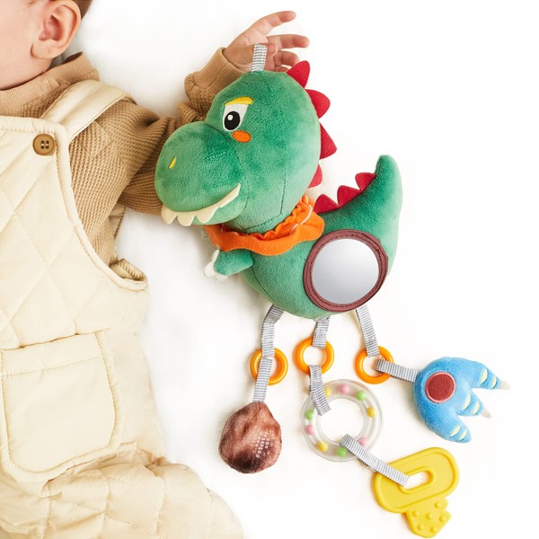 TUMAMA Baby Toys for 3 6 9 12 Months, Dinosaur Hanging Rattle Toys Crinkle Squeaky Sensory Toys with Mirror, Bell, Car Seat Stroller Mobile Toys for Boys, Girls Newborn Infant Toddler