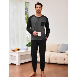 Aseniza Men's Pyjamas Long Set Cotton with Pyjamas Bottoms Winter Two-Piece Sleepwear Long Sleeve for Men Gift, Dark grey/black, M